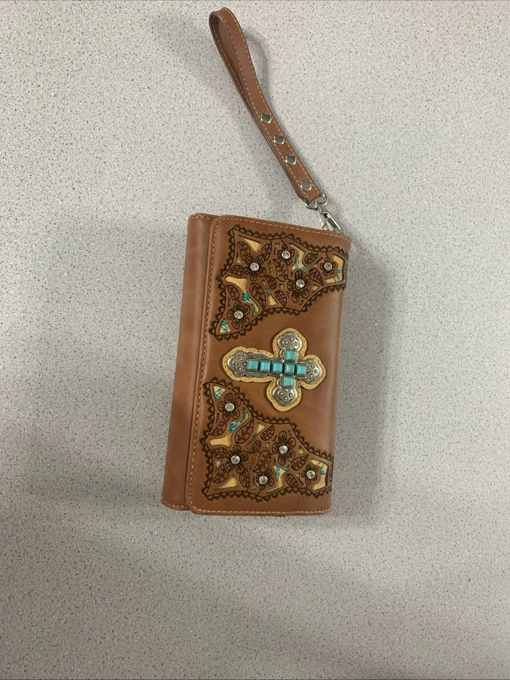 Embellished Tan Wristlet/Crossbody with Turquoise Cross Accent